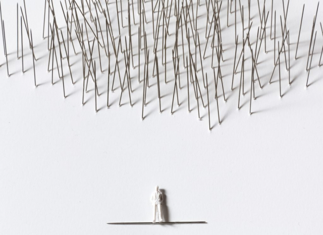 Man on the needle, 2015 serie Encompass Figura e spilli su carta Fabriano 33 x 48 cm